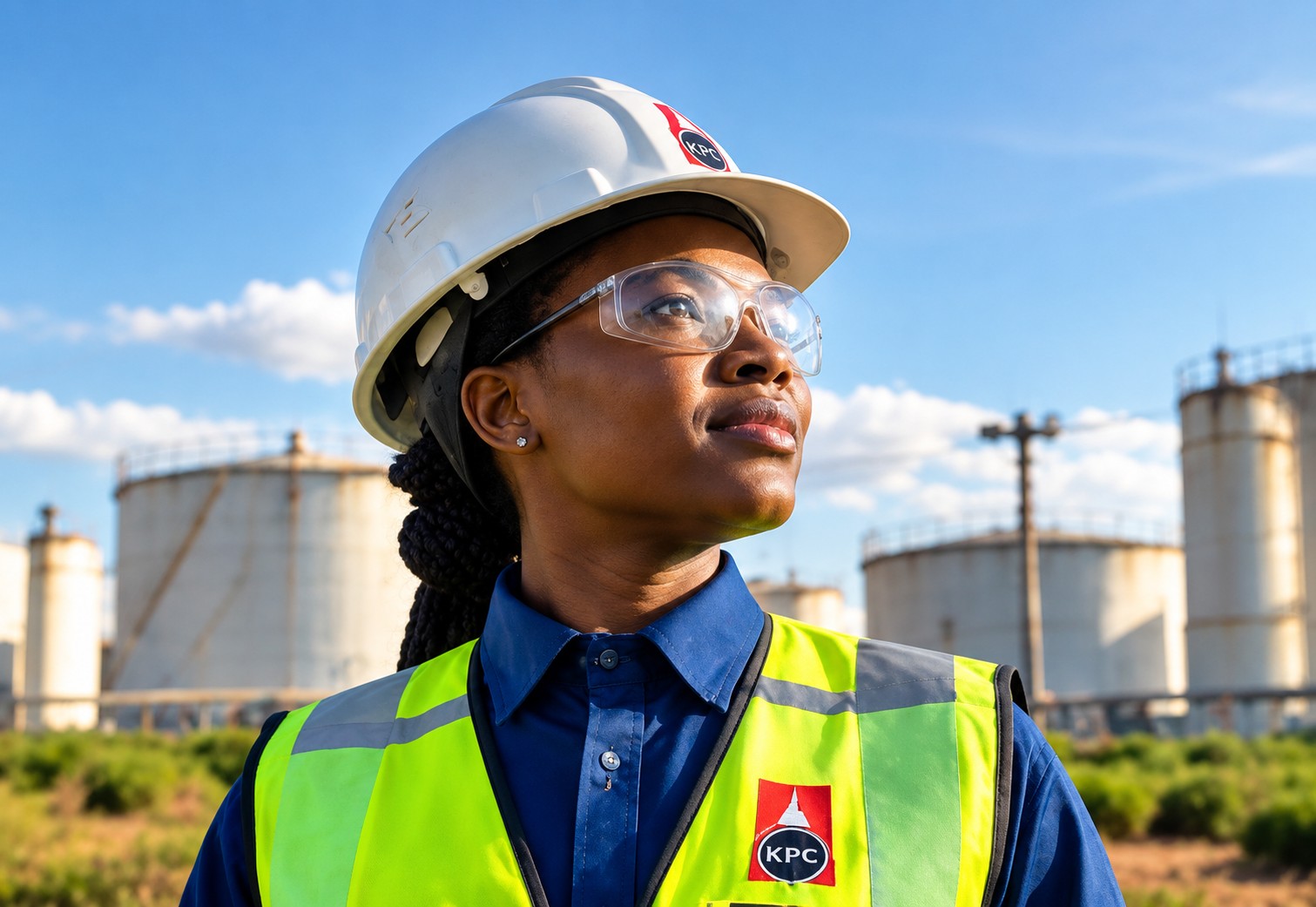 KPC engineer in front of storage tanks
