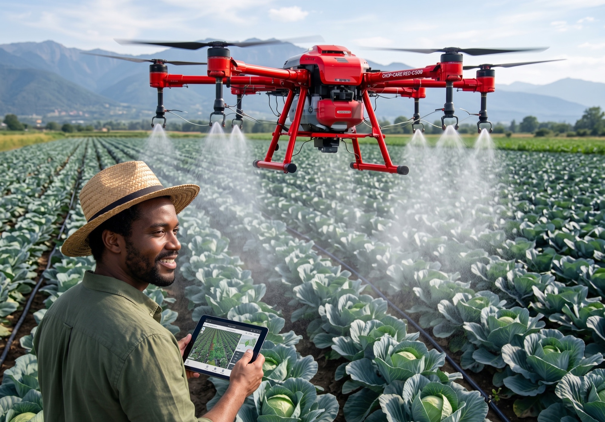 A farmer holding a tablet as a crop-spraying drone flies over rows of cabbages