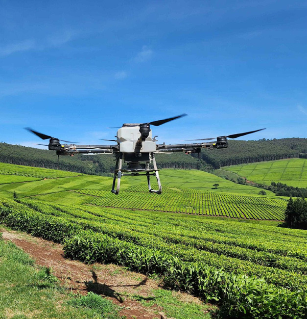 An agricultural drone flying over terraced tea plantations