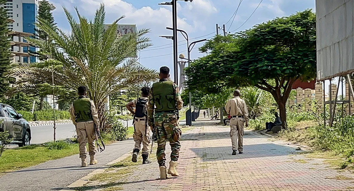 Armed soldiers walking along a tree-lined road