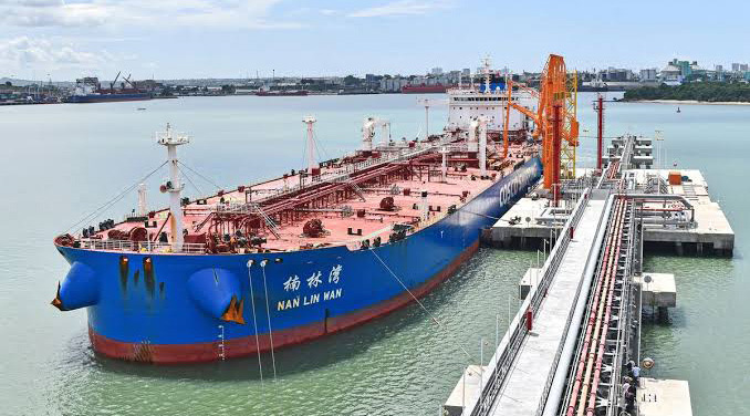 An oil tanker moored at an offshore jetty