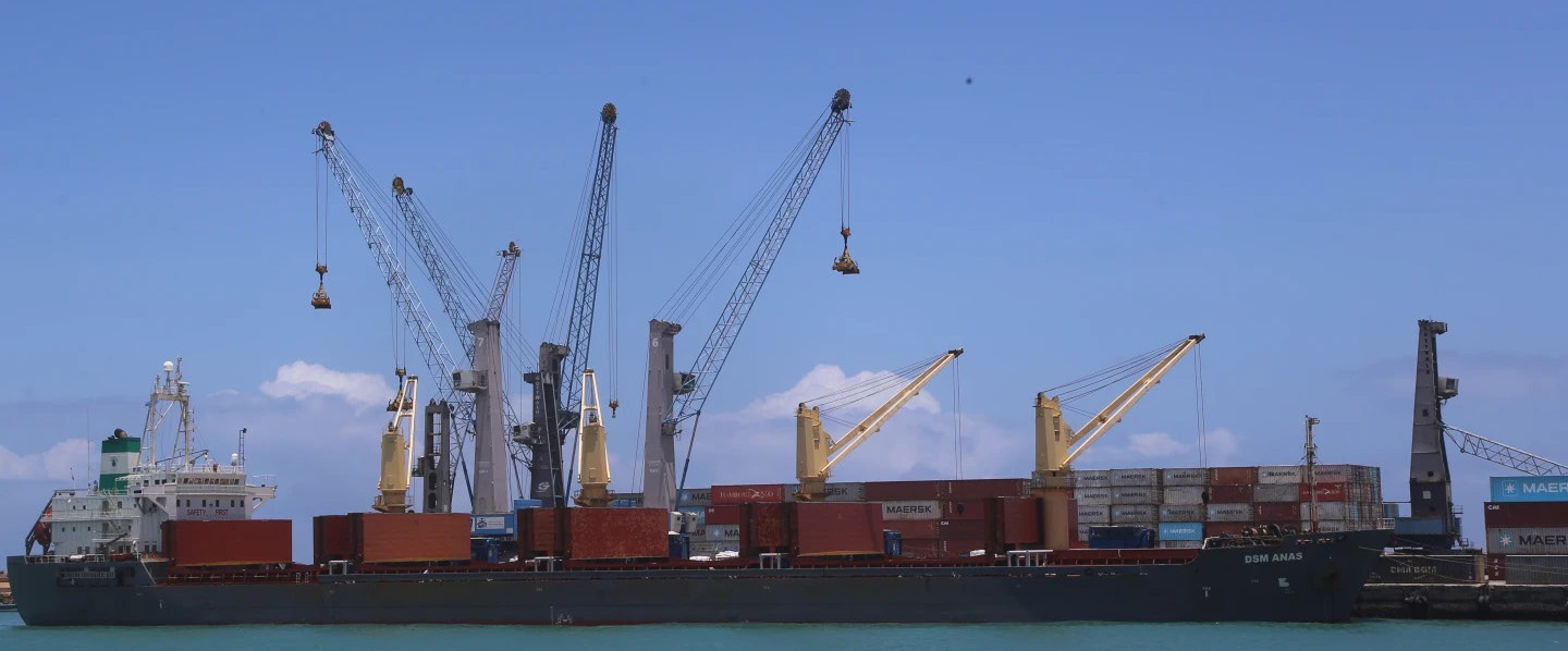 Cargo ships and cranes at a Somali port
